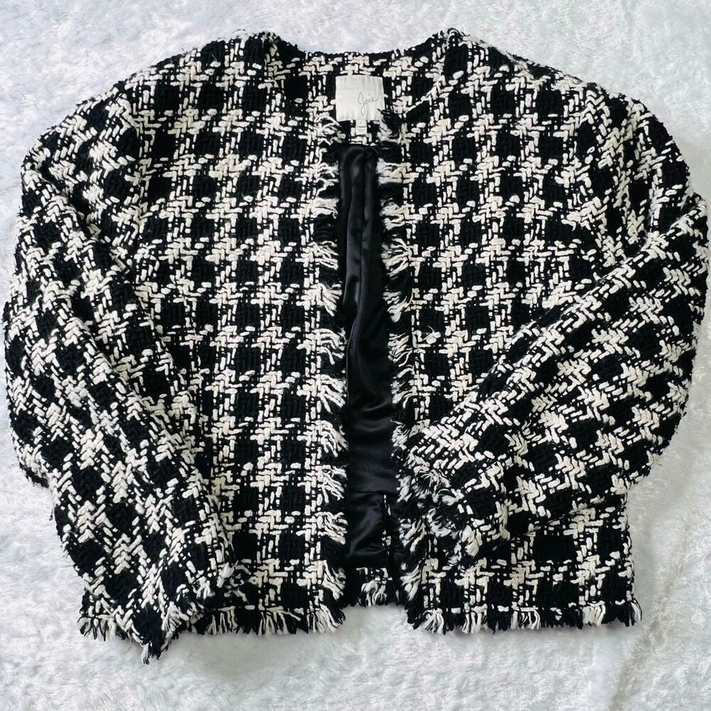 Joie Womens Black White Awel Houndstooth Twill Fringe Open Front Jacket Sz Large